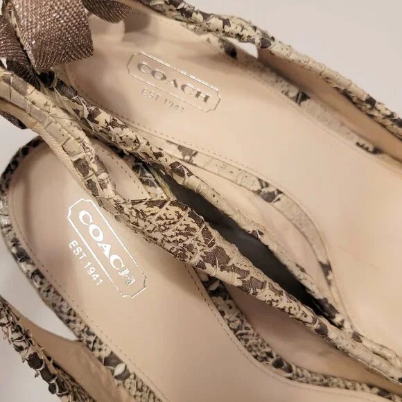 COACH Maritza Snake Skin Peep Toe Slingback Bow Espadrille Wedge - Picture 8 of 9